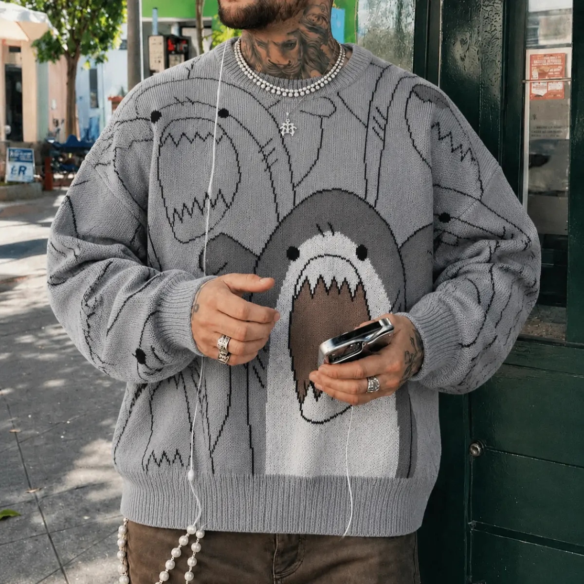 2026 #SummerVibes Winter Cartoon Shark Crewneck Polyester Pullover Sweater Unisex Oversized Elegant Casual Streetwear Thick Knitwear Grey Fashion Sweaters Knitted Big