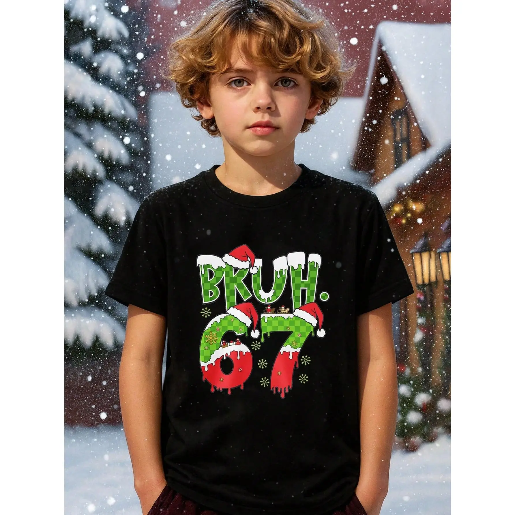 Kids Funny Christmas Bruh Six Seven  67 Meme Hand Sign Santa Hat and Snowflakes 100% Cotton Graphic Tees, Six Seven Thanksgiving & Christmas Boys Fall Clothing, Funny Couples Six Seven Shirt, 67 Christmas Shirt, Perfect Gift For Thanksgiving Christmas
