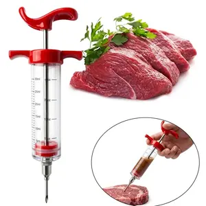 Meat Marinade Injector Kit - 3 Stainless Steel Needles for BBQ & Smoker, Large 1oz Capacity Turkey Injector with Cleaning Brush, Easy to Use & Portable, Red