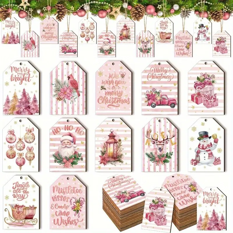 24pcs Pink Christmas Wooden Ornaments, Santa Claus Wooden Crafts Decoration for Home, Christmas Hanging Decorations for Christmas Tree，Fireplace, Window. Festive Gifts.(With Twine)