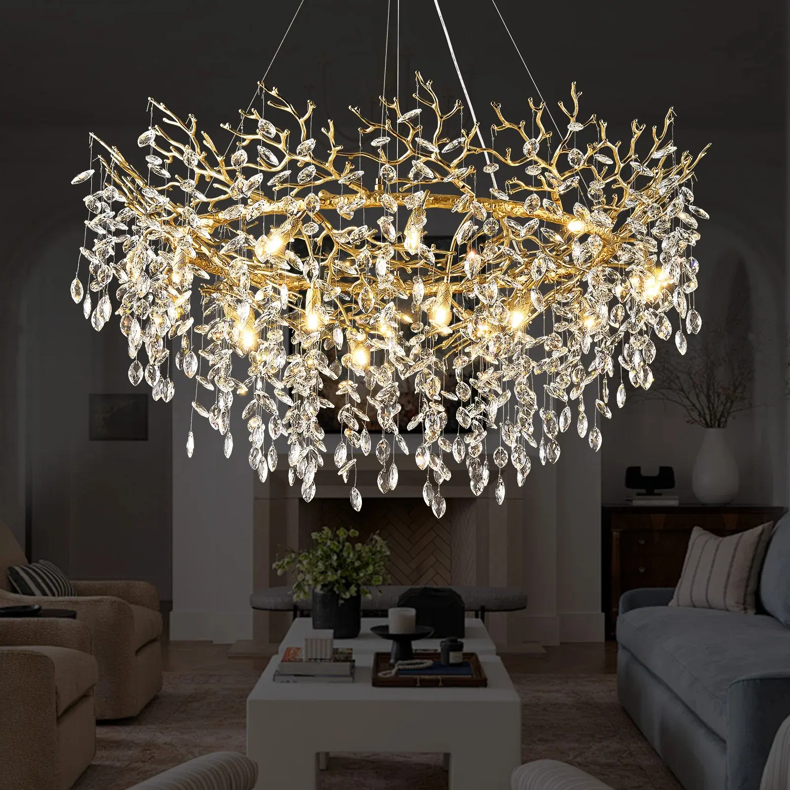 48 in. 14-Lights Modern Branch Crystal Chandelier, Silver Dimmable Kitchen Island Chandelier, for Living Room Bedroom