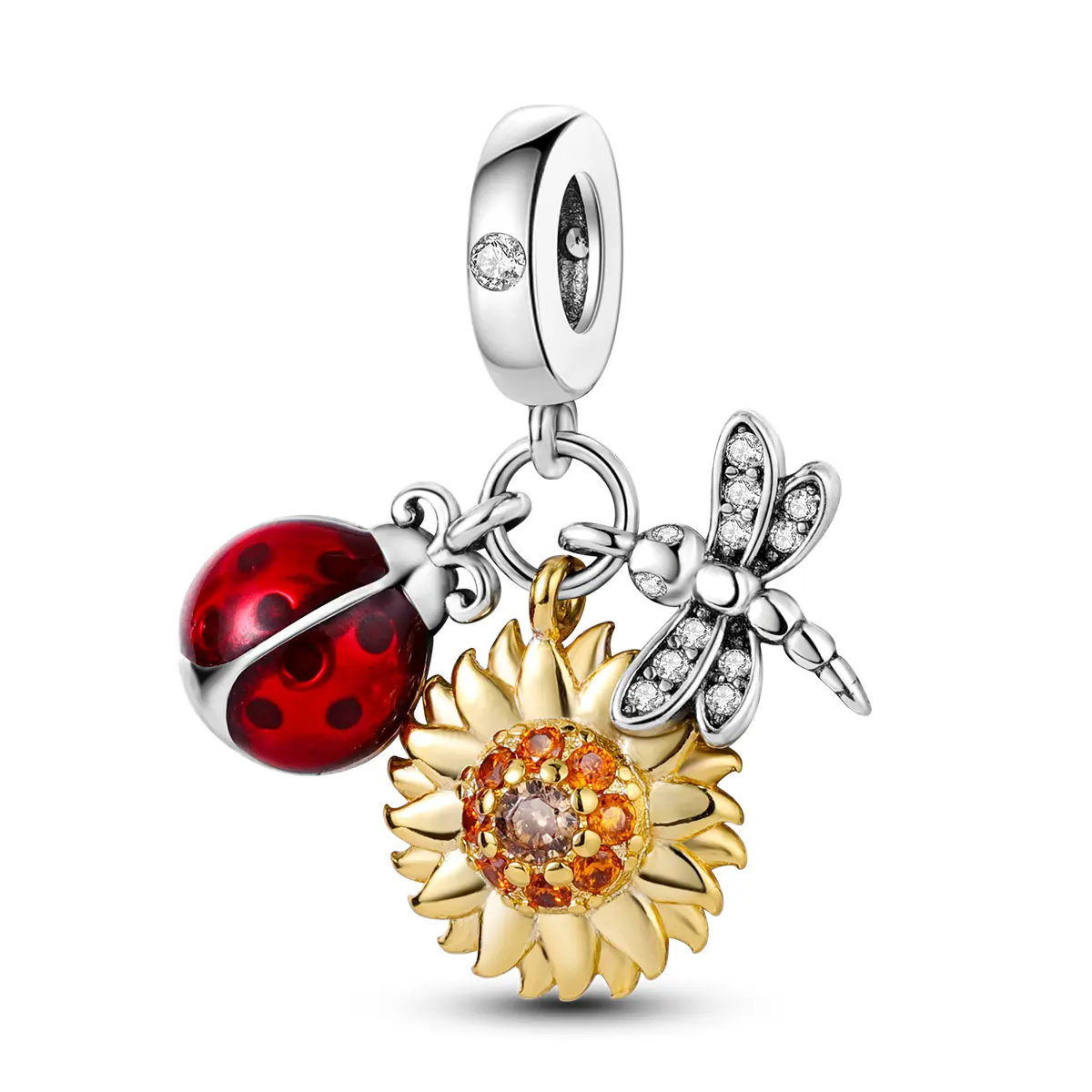 MULA 925 Silver-Plated Whimsical Sunflower-Ladybug-Dragonfly Charm with Dragonfly Wing, Auspicious Plant-Animal Pendant, Fits Pandora Bracelets & Necklaces, Nature Jewelry Gift, Animals, Valentines Day, Charms & Pendants