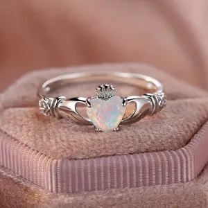 925 Sterling Silver Ring Classy Claddagh Design Inlaid Opal In Heart Shape High Quality Engagement/ Wedding Ring Gift For Her