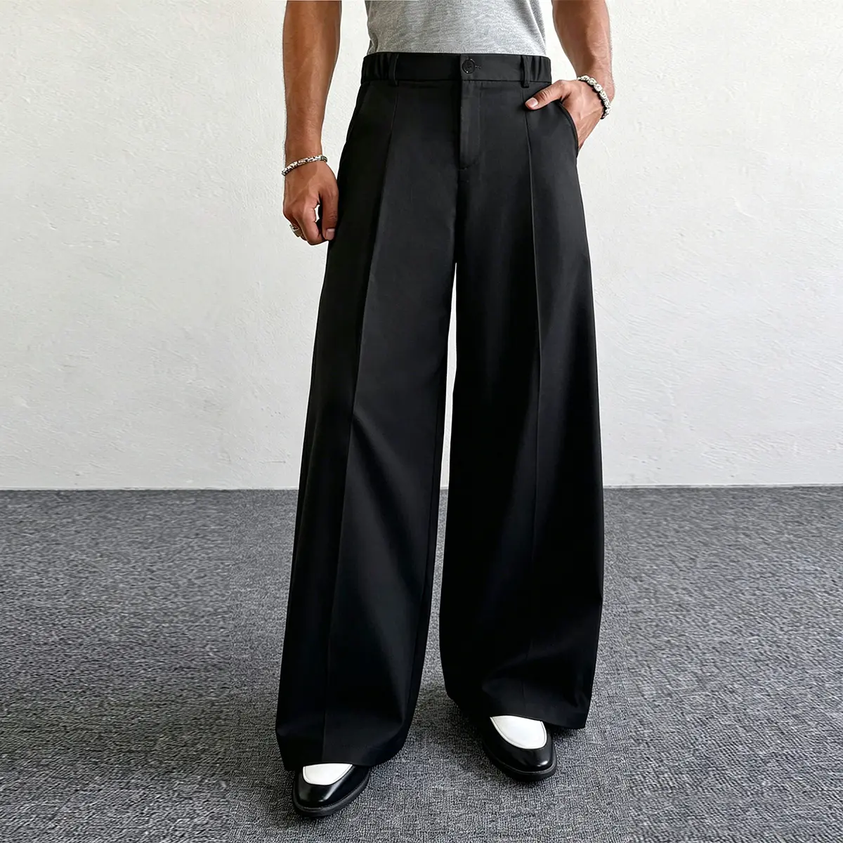 HEYKESON Men's Wide-Leg Dress Pants - Menswear Plain Fabric Trousers with Pockets, Loose Straight-Leg Male Clothing for Business Casual, Formal Occasions