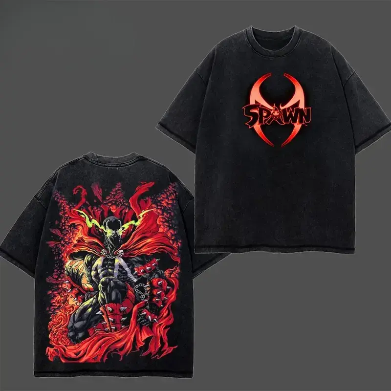 Vintage Spawn Double Sided Washed T Shirt Front Chest Spawn Logo Graphic Back Fiery Spawn Demon Character Red Cloak Art Oversized Unisex Dark Comic Short Sleeve Streetwear Tee