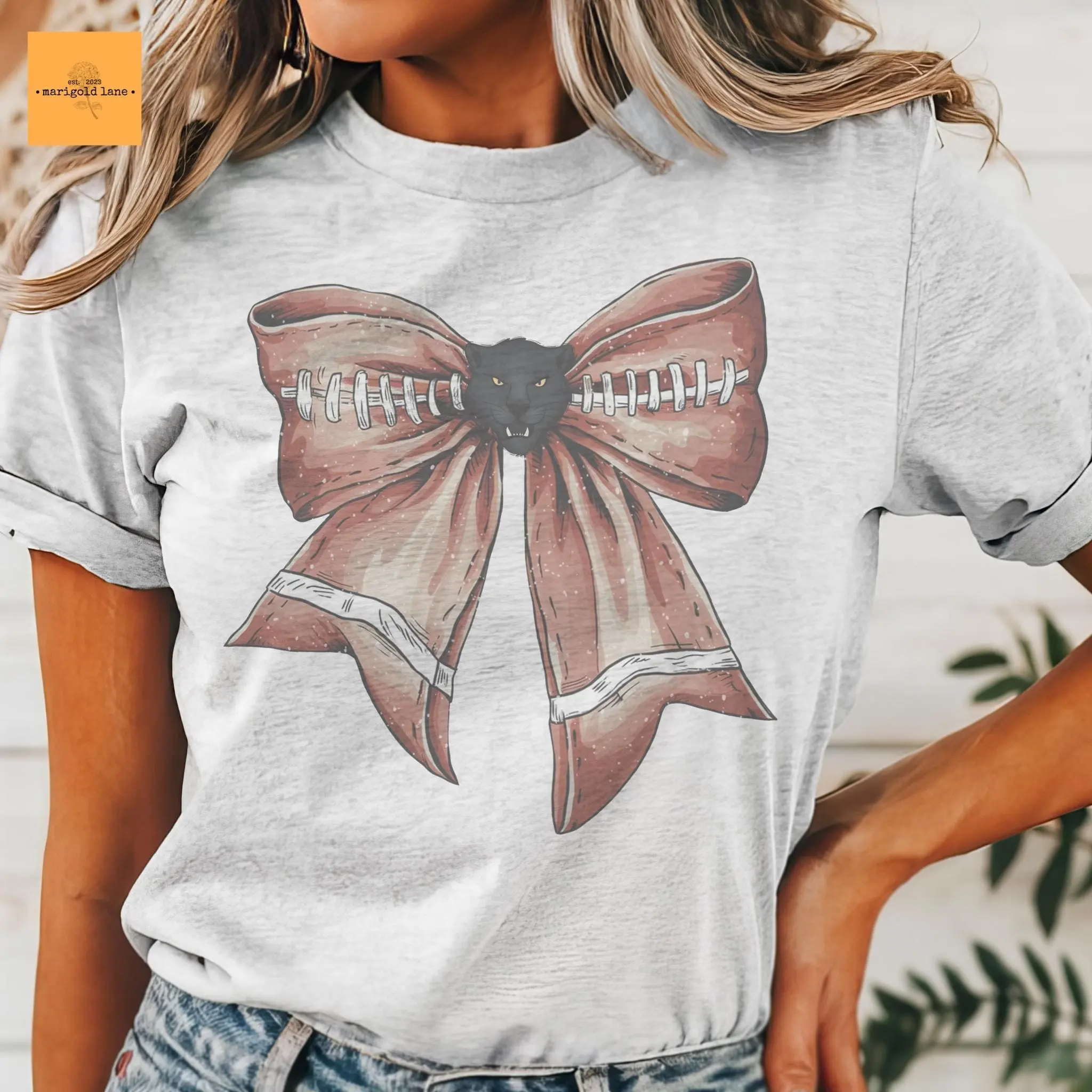 Panthers Football Bow T-Shirt: Game Day Mascot Unisex Tee Cotton Trending
