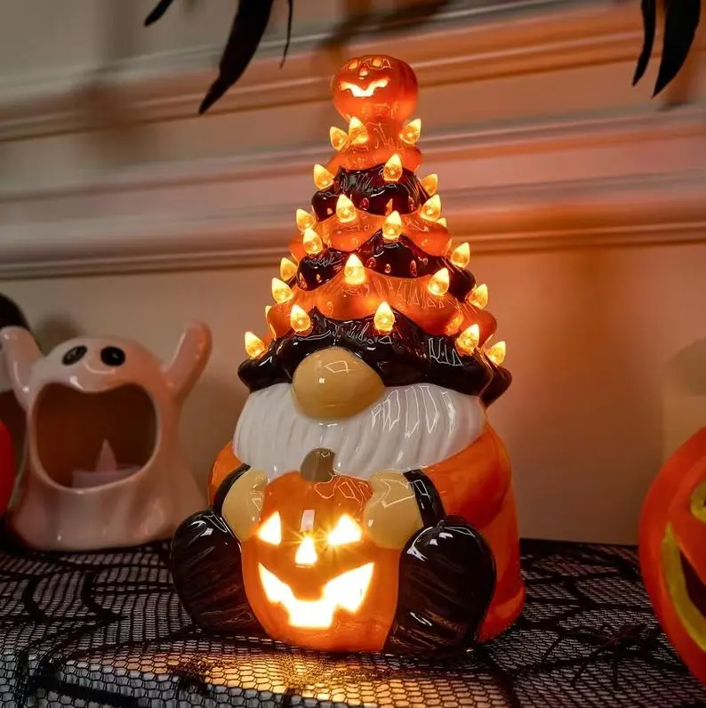 Halloween Light Up Ceramic Gnome Tree Figurine, Pre-Lit Spooky Gnome Holding Lantern Pumpkin, Vintage Style Tabletop Decor, Mantel, Office & Party 8.5 inch Tall for halloween Decoration Pumpkin Gnome Ceramic Tree Halloween Indoor Party Supplies Decoration