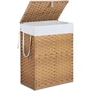 Laundry Hamper with Lid, 90 L Rattan Clothes Laundry Basket with Lid and Handles, Foldable Clothes Hamper, Removable Liner, Goose Yellow