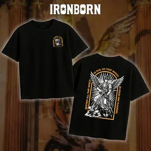 IRONBORN 2026 Saint Michael T-Shirt/Hoodie Casual 100% Cotton, Army Military Menswear, Gun Shirt Tactical Gear, Veteran Shirt, Good Graphic Shirt, Made In USA.