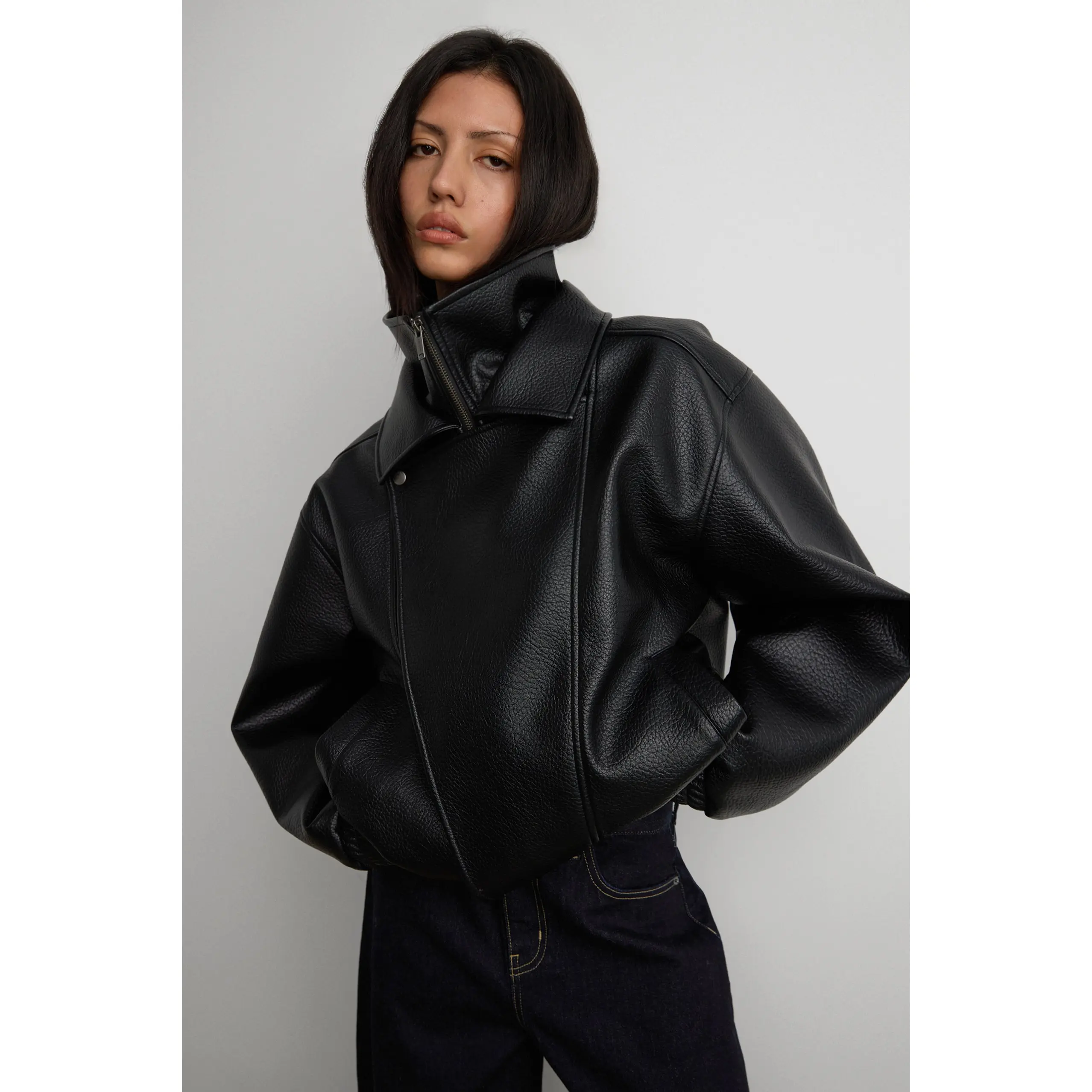 VEGAN LEATHER DOUBLE COLLAR BIKER JACKET