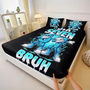 3PcsSix Seven 6 7 Drip Ice Lightning Printed Fitted Sheet Set, Trendy Streetwear Bedding Set with Cracked Texture Dance Art, Cool Blue/White/Black Digital Print Bedding for Bedroom, Guest Room Decor, Includes 2 Pillowcases, No Pillow Core