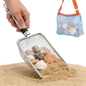 Beach Mesh Shovel & Sifter with Bag - Stainless Steel Sand Filter Scooper for Shark Tooth, Shell & Fossil Hunting, Beachcombing Tool with Mesh Collection Bag