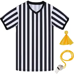 Referee Shirt for Womens and Mens, Black and White Stripe Umpire Jersey V Neck Ref Uniform for Football Halloween