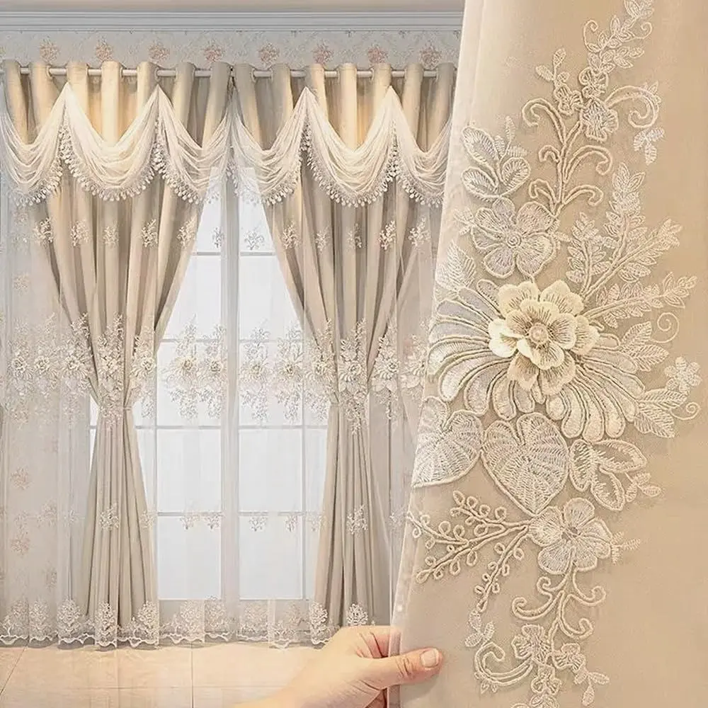 1 Panel or Pair European Double Layer Curtains with Wave Valances for Living Room Bedroom Luxury 3D Flower Embroidered Curtains(Beige,Pink,Grey52x95 Inch)