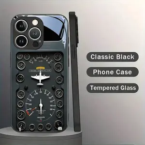 Phone Case: Gray Black Aviation Instrument Precision Image Tempered Glass Phone Case Black for iphone17 17Air 16 Pro 15 Promax 14 Plus 13 12 11