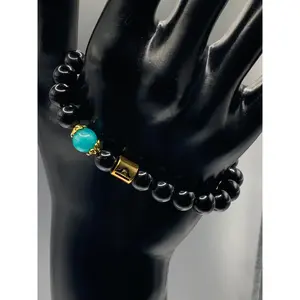Libra Zodiac black obsidian with aquamarine chalcedony elastic beaded bracelet with gold accents