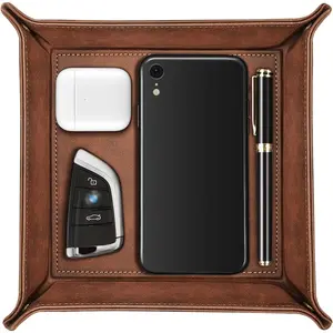 Valet Tray Desktop Storage Organizer – Premium PU Leather Catchall Bedside Vanity Tray Nightstand Caddy Holder for Keys, Phone, Wallet, Coin, Valentine's Day Gift, Brown