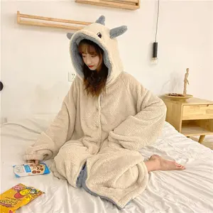 Autumn Winter Women Cute Pajamas Cartoon Ears Hooded Sleepwear Coral Fleece Home Clothes Female Sweet Warm Lounge Pajamas