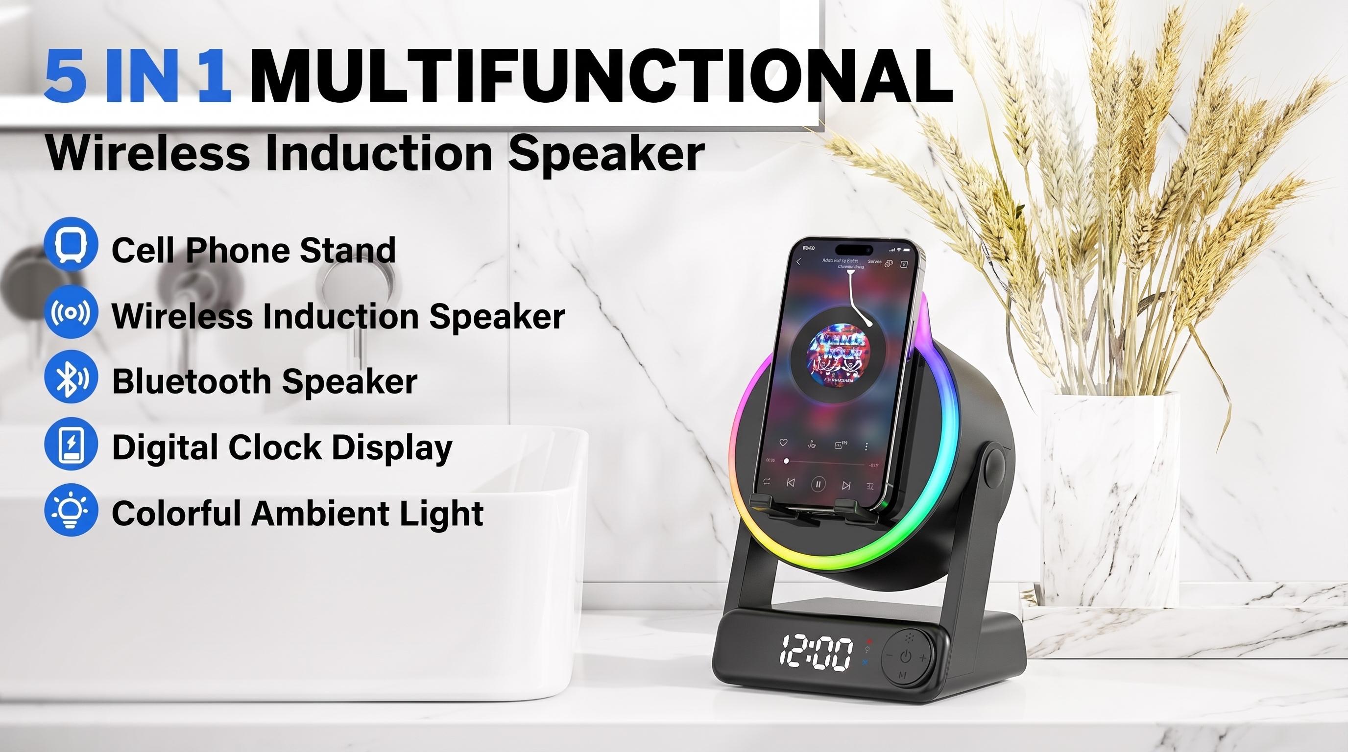 MFHHFM Portable Wireless Induction Bluetooth Speaker - 5-in-1 Mobile Device Accessory with Phone Stand, Stereo Sound, Digital Alarm Clock, RGB LED Light, Adjustable Holder for iPhone, Android & iPad, Batteries Included, Tech Gifts for Women, Portable Spea