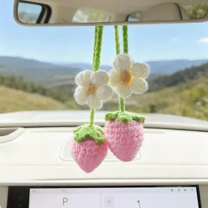 Crochet Strawberry  Accessories,  Strawberry   Ornament,  Rearview Mirror  Accessories Cute  Decor for Women and Girls - 2 count