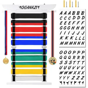 10 Belts Karate Belt Display Rack with Personalized Stickers, Taekwondo Belt Display Holder with Side Medal Rack Elastic Band Martial Arts Belts Organizer for Taekwondo Karate BJJ Gifts