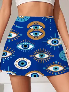 Summer Women's Lightweight Sporty Tennis Skirt and Shorts Set with Pockets, Eye Pattern Print, Ideal for Running Yoga Fitness