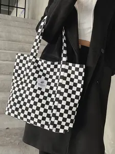 Plaid Fabric Tote Bag, Large Capacity Women's Shoulder Clutch, Foldable Shopping Bag, Casual Commuter Bag, Ideal for Commuting School Work