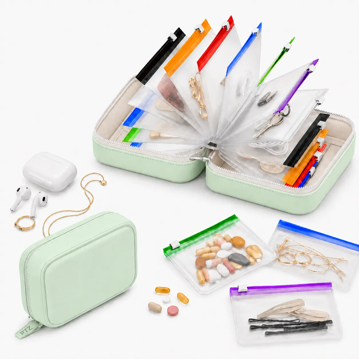14-Pouch Portable Pill Organizer Case with Color-Coded Reusable Zipper Bags, Compact Travel Medication Storage Organizer for Vitamins, Supplements & Daily Essentials