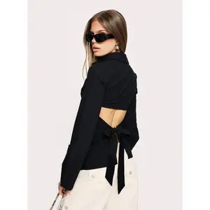 Lesper Long Sleeve Tie Back Top Black