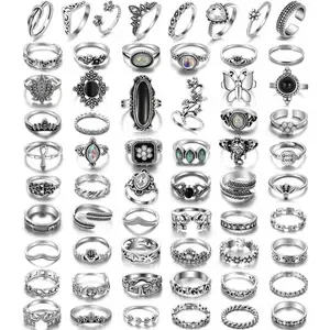 Vintage Silver Knuckle Rings Set for Women & Men, Chunky Gothic Stackable Rings, Adjustable Y2K Punk Grunge Aesthetic, Snake Skull Frog Heart Star Flower Midi Ring Pack