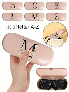 Cream Solid Color & Pink A-Z Daisy Letter-Printed Hard-Shell Eyeglass Case with Letter Pendant | Minimalist Waterproof Dustproof Portable Storage for Sunglasses & Myopia Glasses | Unisex Eyewear Protector for Home Use Portable Sunglasses Organizer