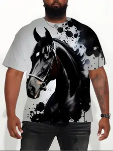 Men's Plus Size 3D Horse Print T-Shirt, Breathable Polyester Blend Loose Fit Casual Shirt, Round Neck Short Sleeve