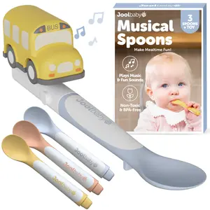 Jool Baby Musical Spoons with Toy - 3 Spoons & School Bus with Interactive Sound Effects - Durable Tableware for Baby's First Feeding - Dishwasher Safe & BPA-Free - Perfect Gift for Baby Showers