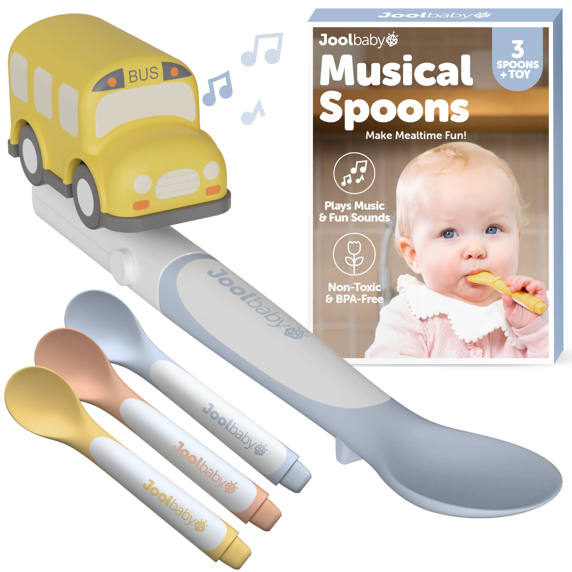 Jool Baby Musical Spoons with Toy - 3 Spoons & School Bus with Interactive Sound Effects - Durable Tableware for Baby's First Feeding - Dishwasher Saf