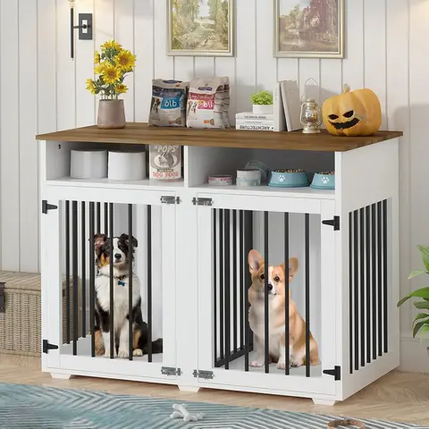 HOMBCK Sturdy and Chewy Water-Resistant Wooden Indoor Dog Crate - Indoor Kennel, Farmhouse Home Decor Enclosure, 41/55/63/72in & 41in L x24in W x35in H, Steel Tube, Removable Dividers, Shelf Storage, Double Door for Medium/Large Dogs