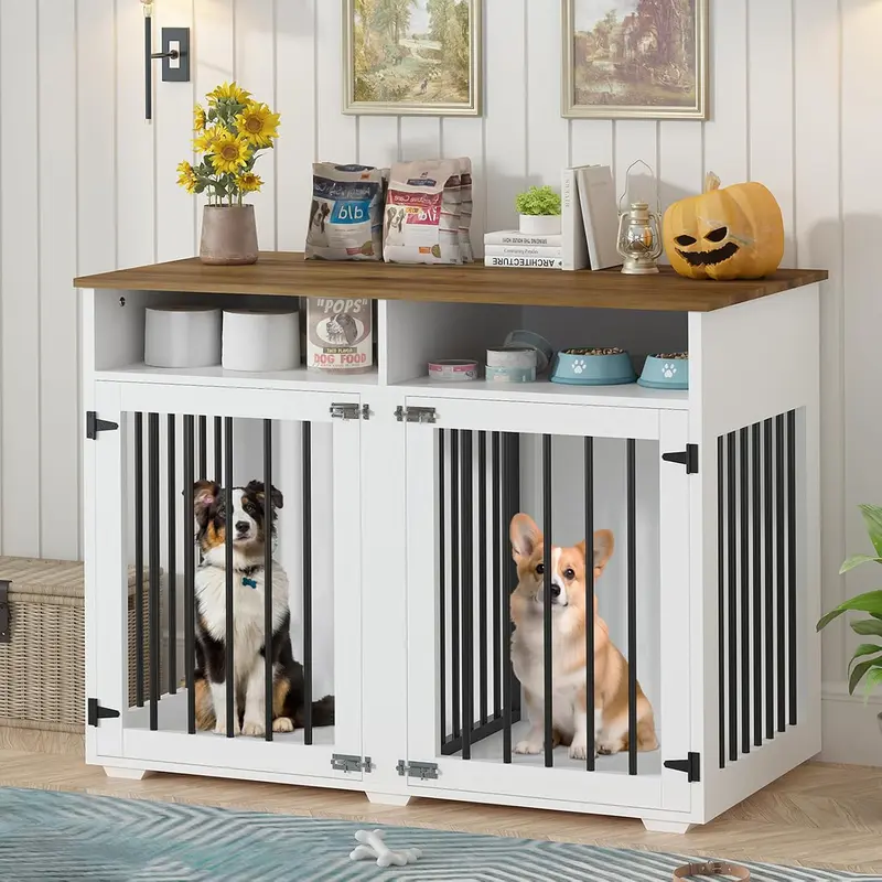 HOMBCK Sturdy and Chewy Water-Resistant Wooden Indoor Dog Crate - Indoor Kennel, Farmhouse Home Decor Enclosure, 41/55/63/72in & 41in L x24in W x35in H, Steel Tube, Removable Dividers, Shelf Storage, Double Door for Medium/Large Dogs