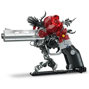 Gothic Rose Revolver Gun Building Kit - 631pcs Dark Romantic Fusion with Blood-Red Roses Twisted Thorns & Industrial Gears Movable Barrel Cylinder & Trigger Easter Gifts Collection for Gothic Art Devotees