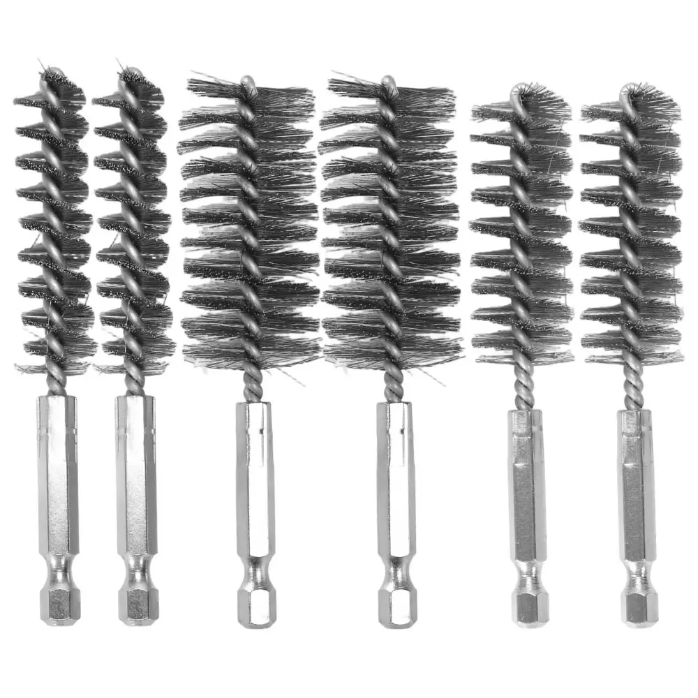 6 pcs stainless steel wire brush set, equipped with 1/4 inch hexagonal handle, multiple sizes, suitable for cleaning and rust removal of pipes, bolts, and nuts