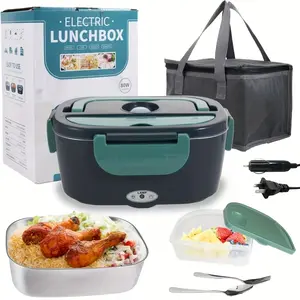 Lunch Box 50.72oz - 110V Home & 12V/24V Car Portable Food Warmer, Stainless Steel Heated Meal Container W/ Fork & Insulated Bag, for Truck Drivers, Office, Travel, Camping, College(Fast Heating)