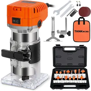 THINKWORK Compact Router, 6.5-Amp 1.25 HP Compact Wood Palm Router Tool, 6 Variable Speeds Wood Trimmer with 15 Pieces 1/4" Router Bits Set edge guide router bit wood router