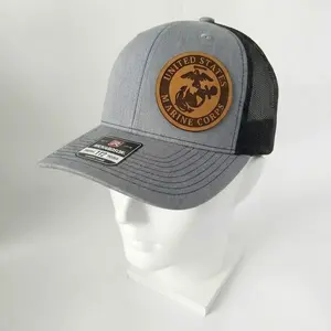 Marine Corps Richardson 112 Inspired Leather Patch Trucker Hat Adjustable Mesh Back Snapback Cap for Casual Outdoor Style