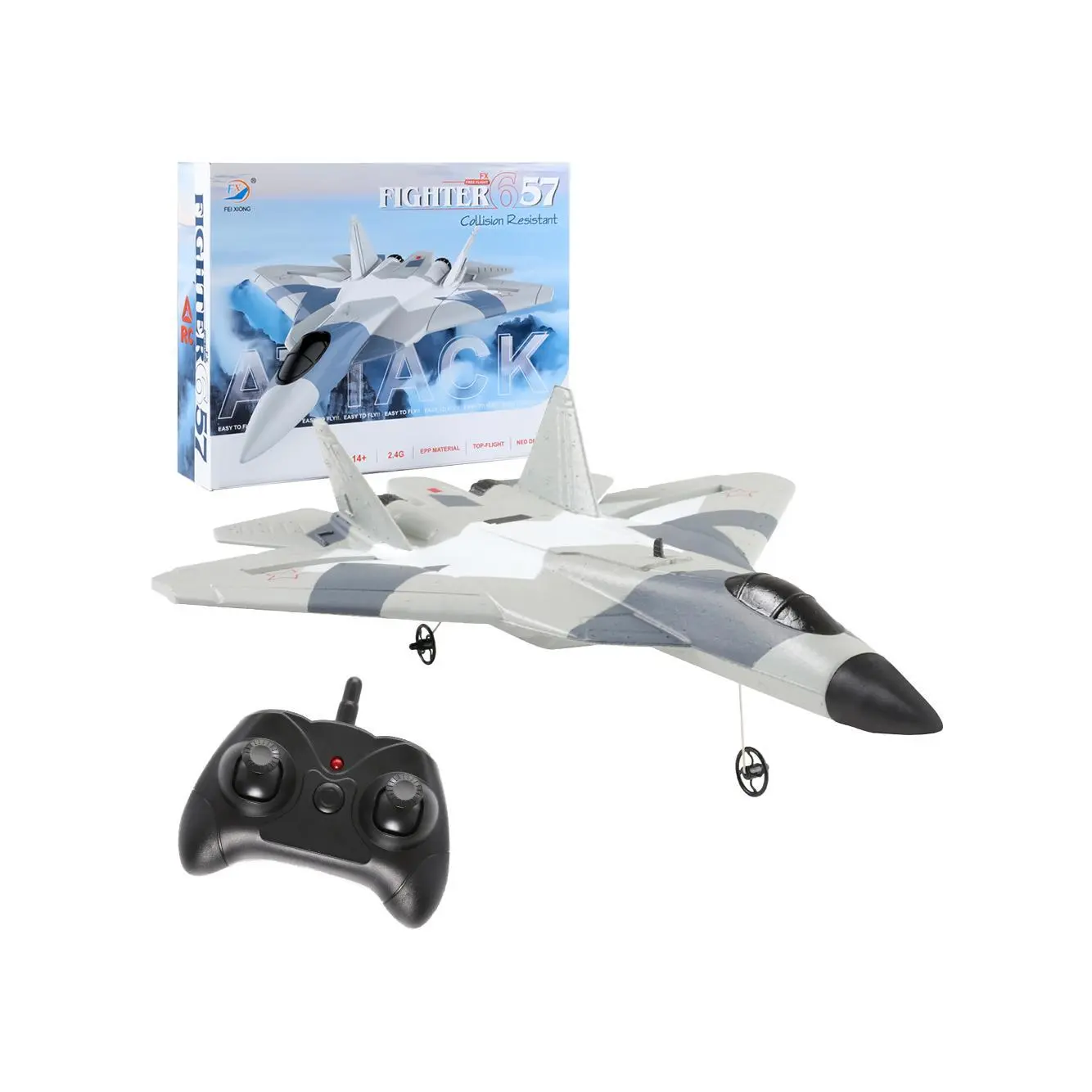 SU57 2.4Ghz Remote Control Jet - Electric EPP Foam Fixed Wing Stunt RC Airplane Fighter FX657, 2-Battery Unisex RC Hobby Toy Gift for 12 Years Above (1 Month Support Included)