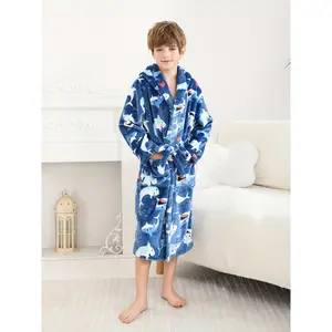Boys Shark Print Flannel Hooded Robe Soft Loungewear Bathrobe Comfortable for Children 2-11Years Old Gift