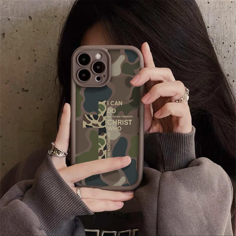 Camouflage Pattern With Cross Phone Case Iconic Christian Faith Artwork Featuring A Thickened Soft Tpu Back And Raised Camera Step Design Blending Cloud-Like Comfort With Reliable Lens Protection For iPhone 17 16 15 14 13 12 11 X XS