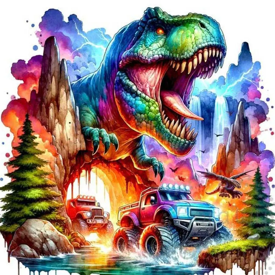 5D DIY Full Drill Round Diamond Painting - Diamond Painting Kit, Dinosaur, Off-Road Vehicle Mosaic, Diamond Pattern Design, Canvas - DIY Home Decor, Wall Art, Crafts, Perfect for Halloween, Christmas, Birthdays Gifts