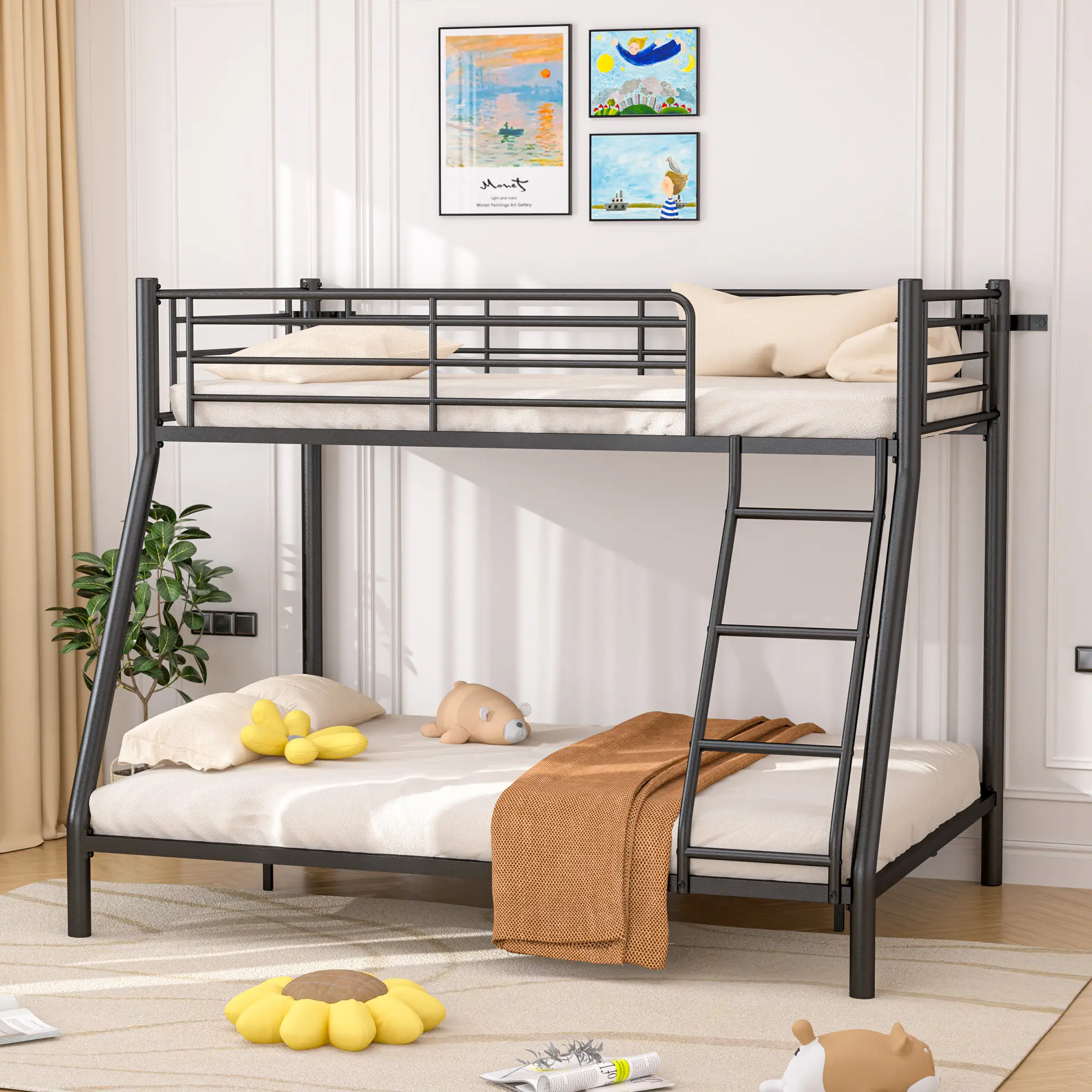 VECELO Bunk Bed Twin Over Full Size with Ladder and Guardrail,Heavy Duty Metal Slats Support No Box Spring Needed Loft Bed Small Space Saving Furniture for Bedroom