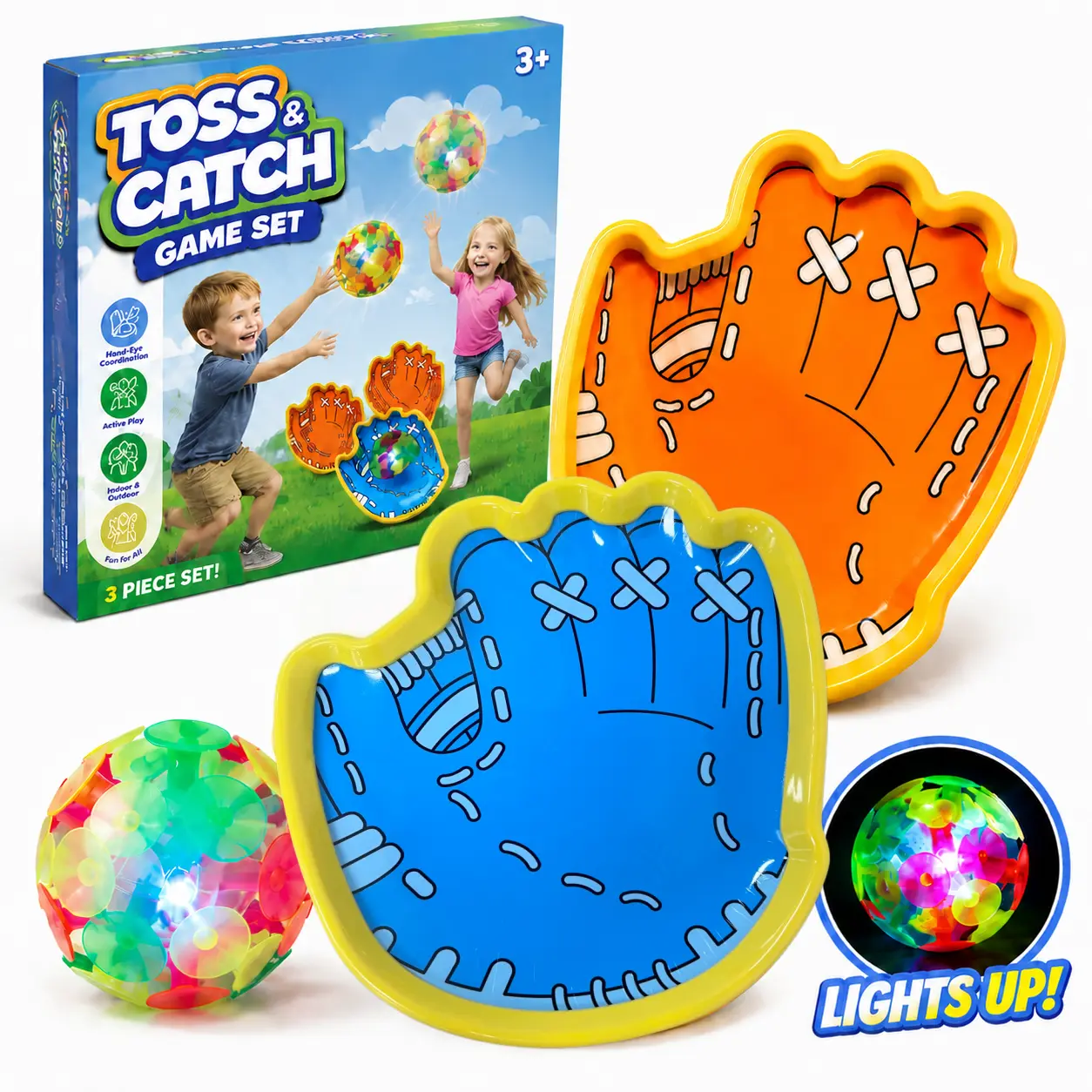 Light-up Throwing and Catching Toy for Adult or Kids – 2 Rackets + Light-up Ball, Fun Family Toy, Outdoor Multi-Player Toy, Suitable as a Holiday Gift for Children Aged SummerVibes