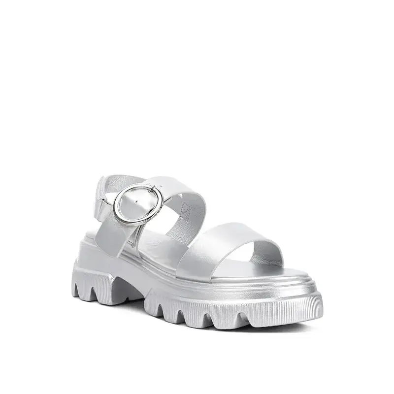 Women's Fashion Platform Sandals - Round Toe, Metallic Finish, Chunky Leather & Faux Leather, Platform Low Block Heel, Ankle Buckle, Light Cushion, Moulded Rugged Lugs Sole, Casual Footwear, SH4754