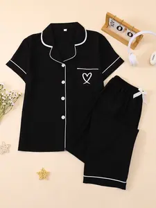 Women's Casual Fitted Sleepwear Set, Soft Fabric Heart Embroidery Design, Long Sleeves Plain Pattern All-Season Home Wear, Loungewear Nightwear Set, Pajama Set