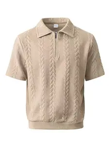 Men's Spring Summer Short Sleeve Striped Knitwear, Turn-Down Collar Half-Zip Casual Slim Fit Sweatshirt, Comfortable and Stylish Daily Wear